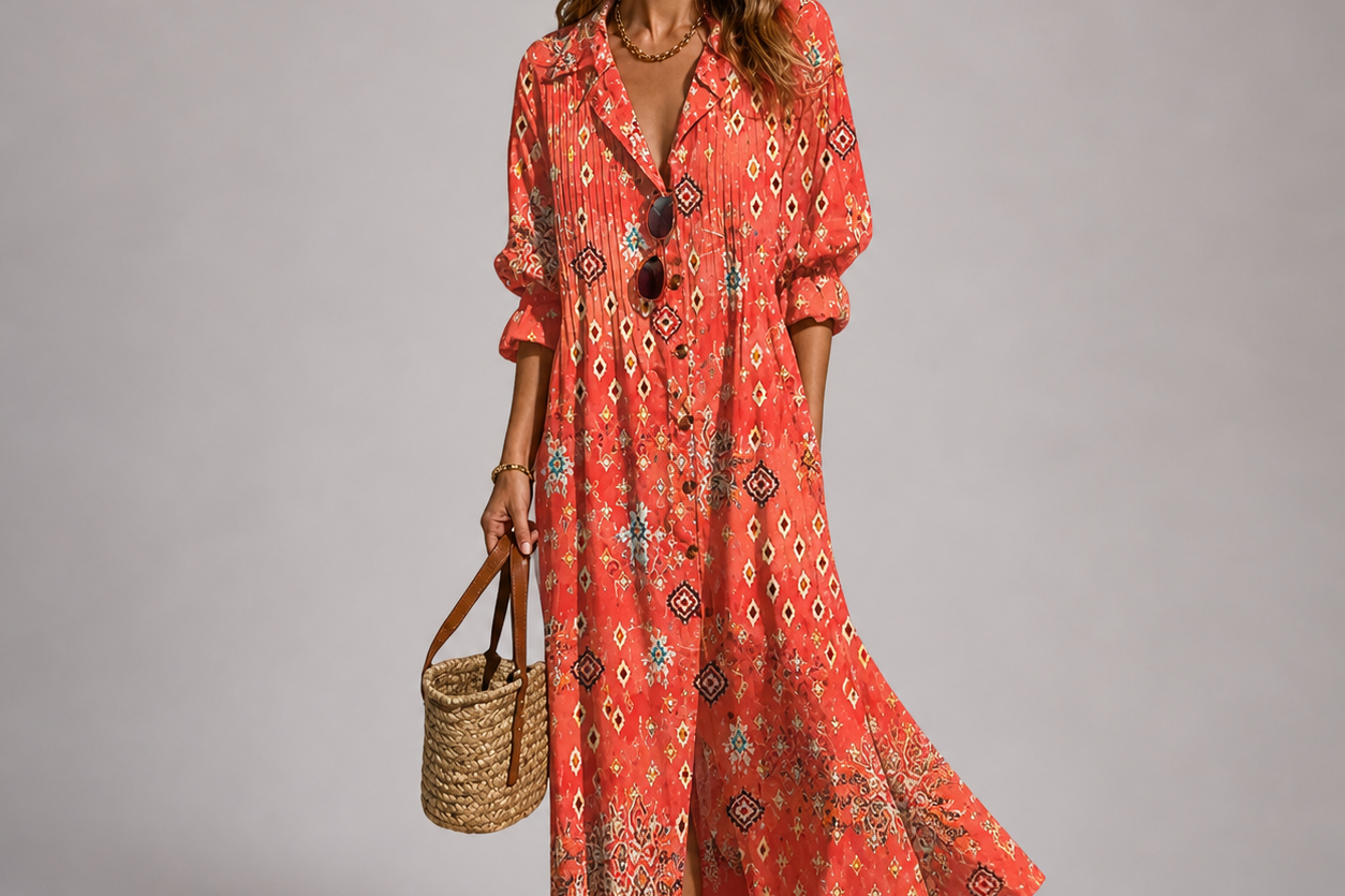 Deirdra - Women's Floral Maxi Dress with Tummy Panel - Orange