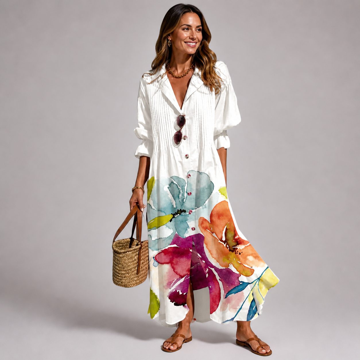 Deirdra - Women's Floral Maxi Dress with Tummy Panel - White
