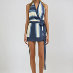 Delphina - Women's Striped Halter Neck Wrap Mini Dress - Navy Stripe