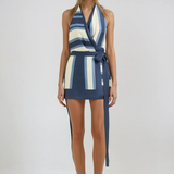 Delphina - Women's Striped Halter Neck Wrap Mini Dress - Navy Stripe