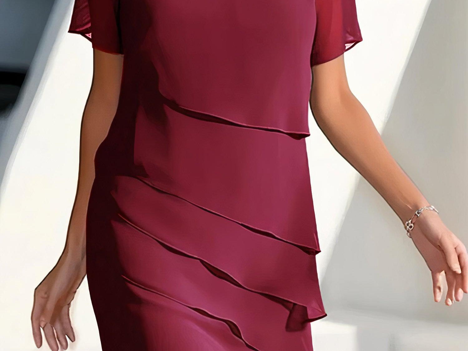 Delwyn - Women's Pleated Chiffon Midi Dress - Red