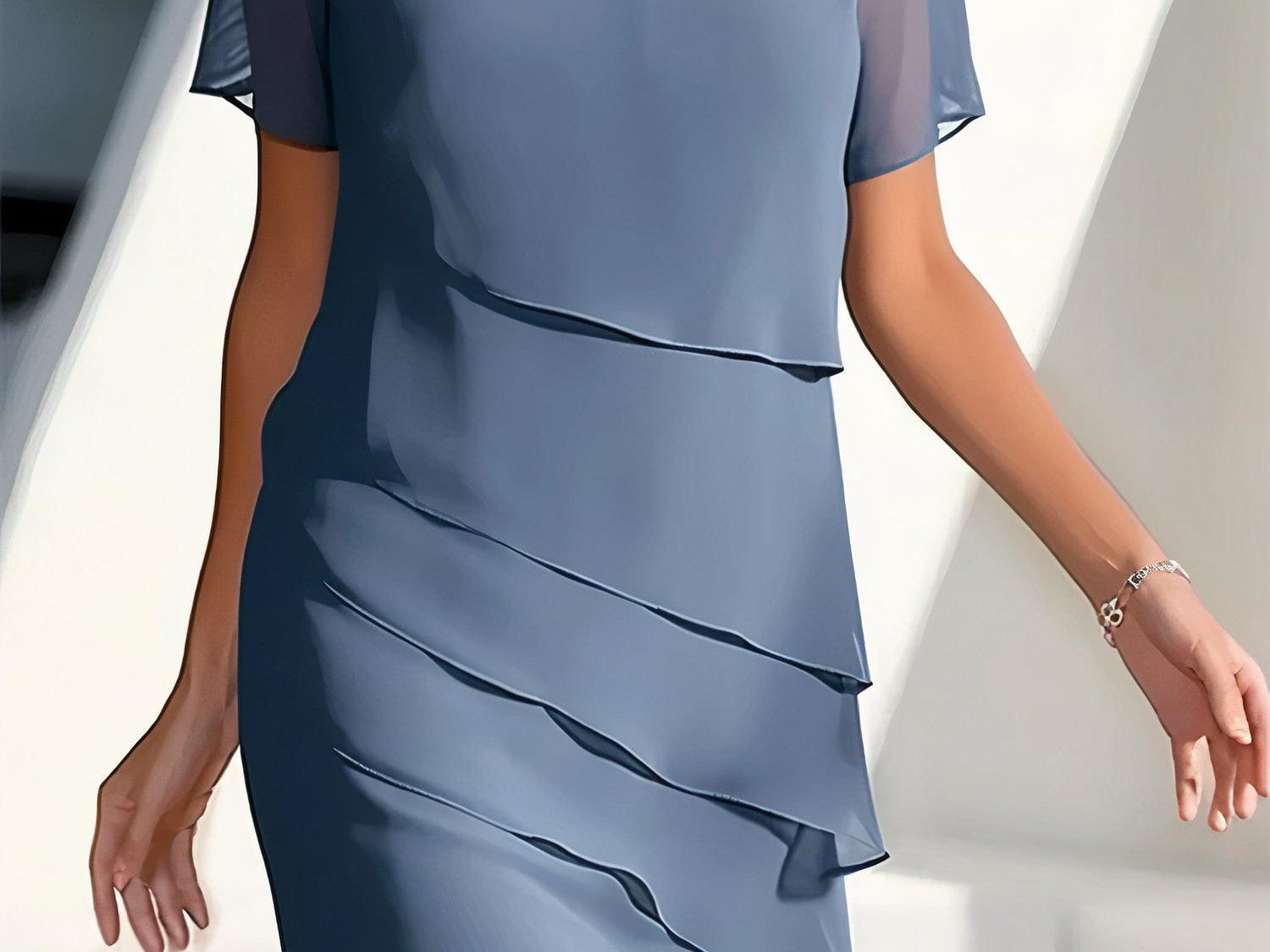 Delwyn - Women's Pleated Chiffon Midi Dress - Blue