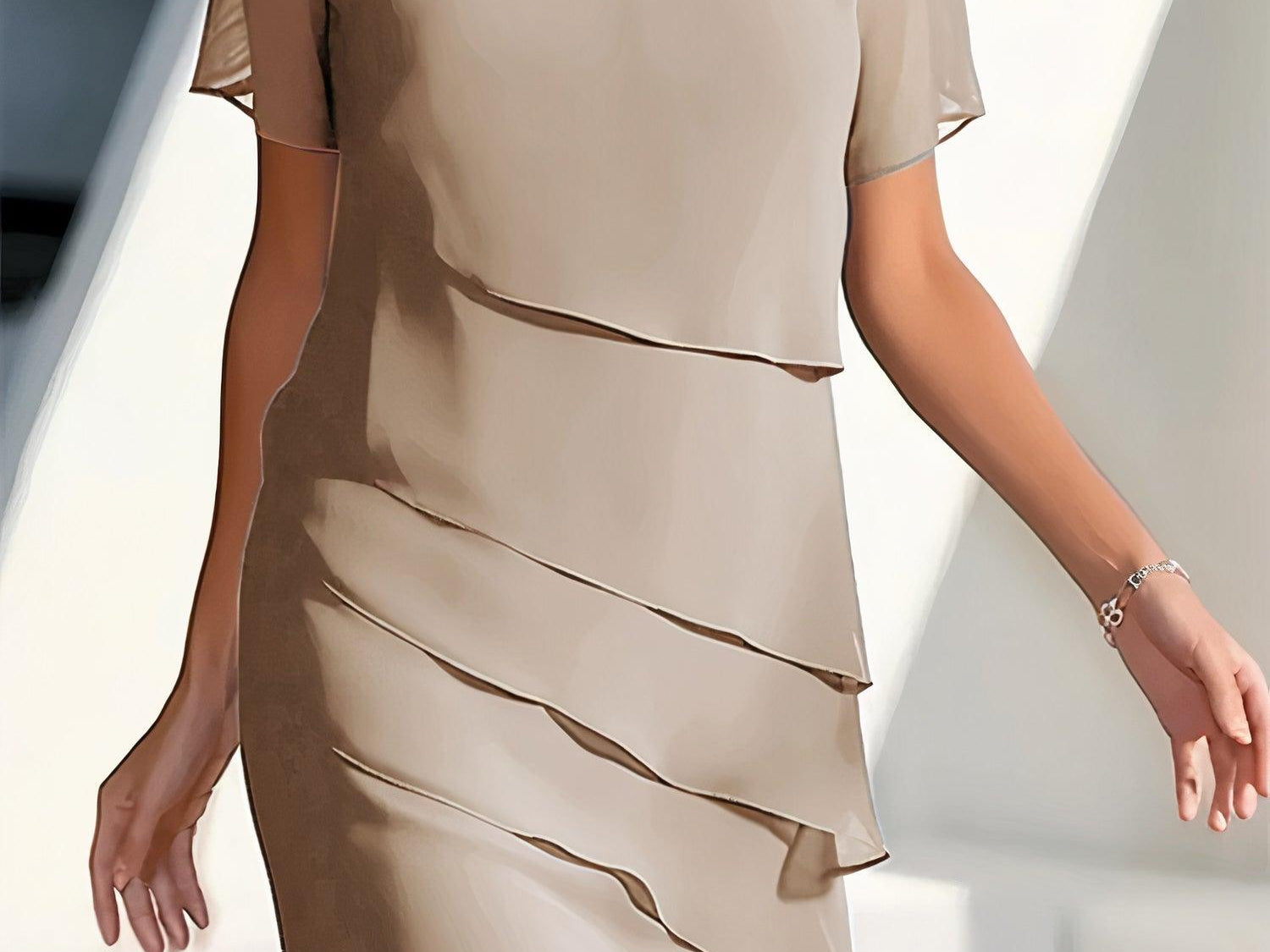 Delwyn - Women's Pleated Chiffon Midi Dress - Khaki