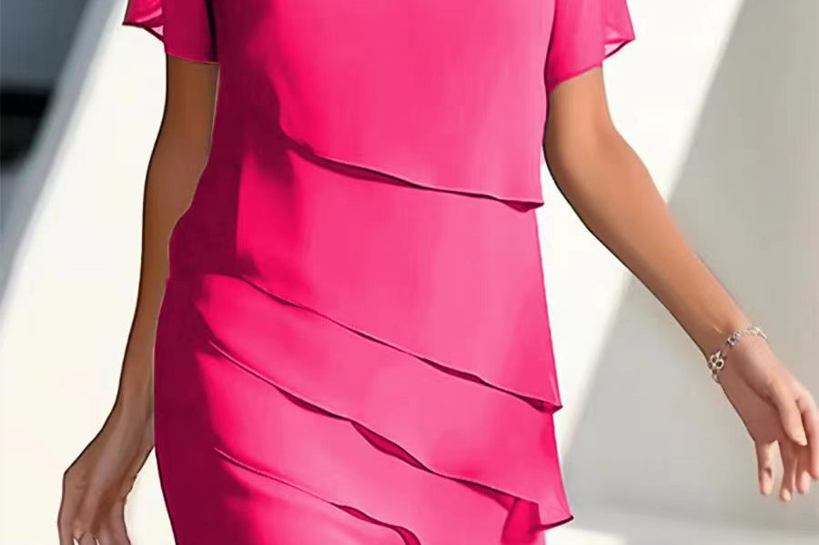 Delwyn - Women's Pleated Chiffon Midi Dress - Pink