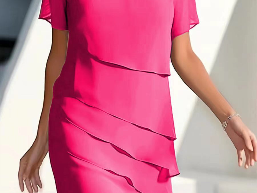 Delwyn - Women's Pleated Chiffon Midi Dress - Pink