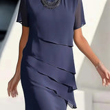Delwyn - Women's Pleated Chiffon Midi Dress - Navy Blue