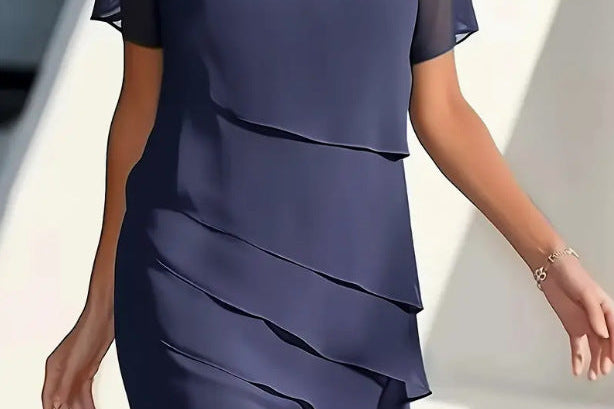 Delwyn - Women's Pleated Chiffon Midi Dress - Navy Blue