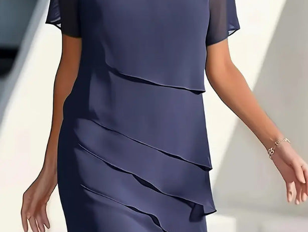 Delwyn - Women's Pleated Chiffon Midi Dress - Navy Blue