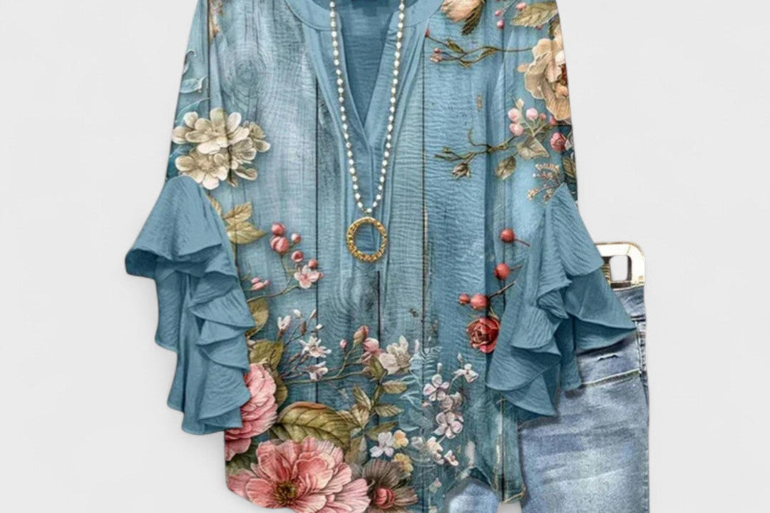 Dervla - Women's Lightweight Crease-Resistant Blouse - Blue Floral Print