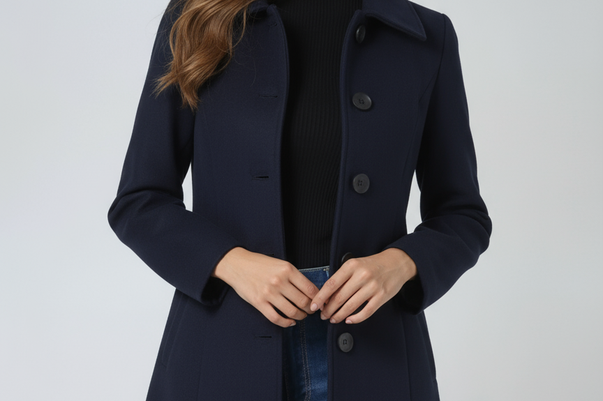 Donna - Women's Single-Breasted Trench Coat with Button Front - Dark Blue