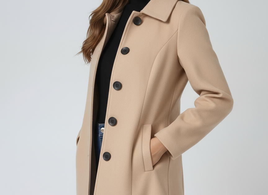 Donna - Women's Single-Breasted Trench Coat with Button Front - Khaki