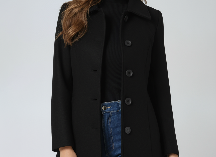 Donna - Women's Single-Breasted Trench Coat with Button Front - Black