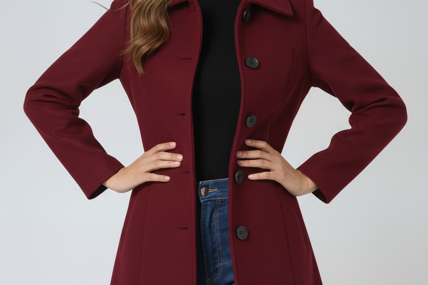 Donna - Women's Single-Breasted Trench Coat with Button Front - Dark Red