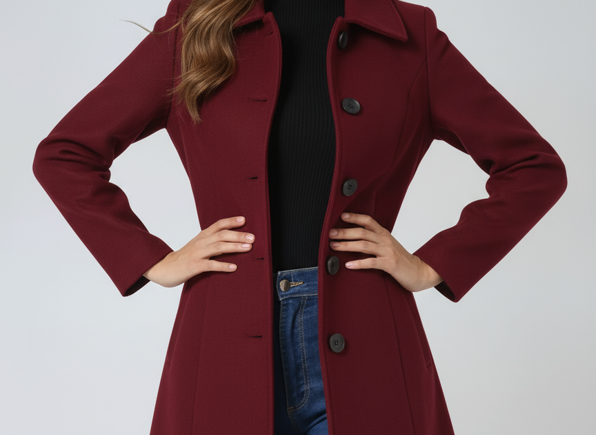 Donna - Women's Single-Breasted Trench Coat with Button Front - Dark Red