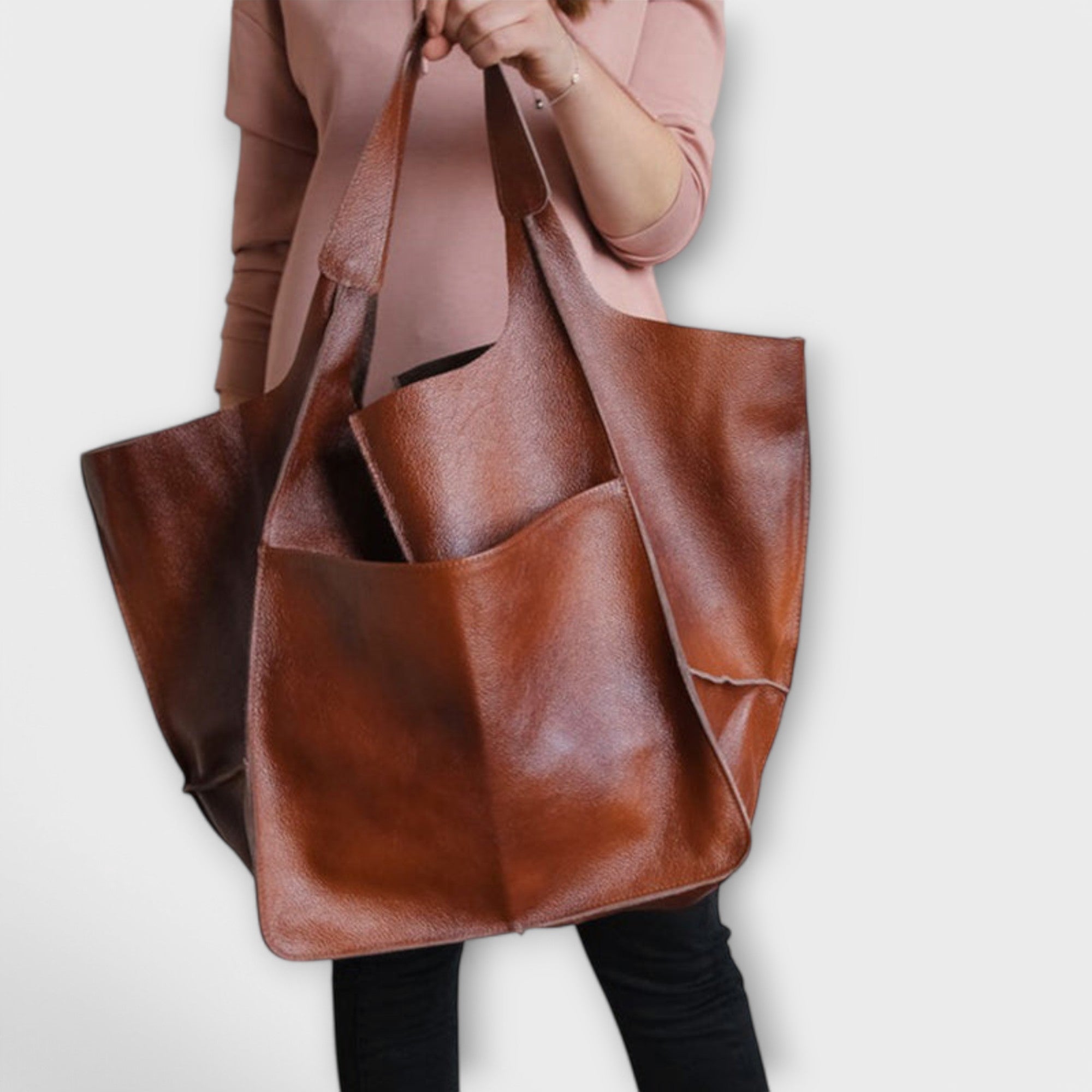 Dorte - Women's Oversized Leather Weekender Bag - Brown