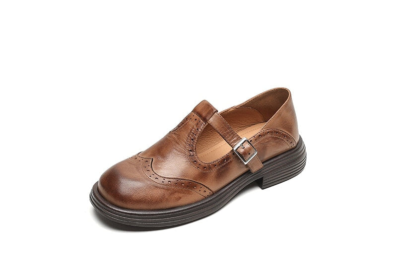 Women's Leather T-Strap Mary Jane Brogues | Block Heel Shoes