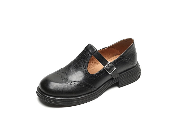 Women's Leather T-Strap Mary Jane Brogues | Block Heel Shoes
