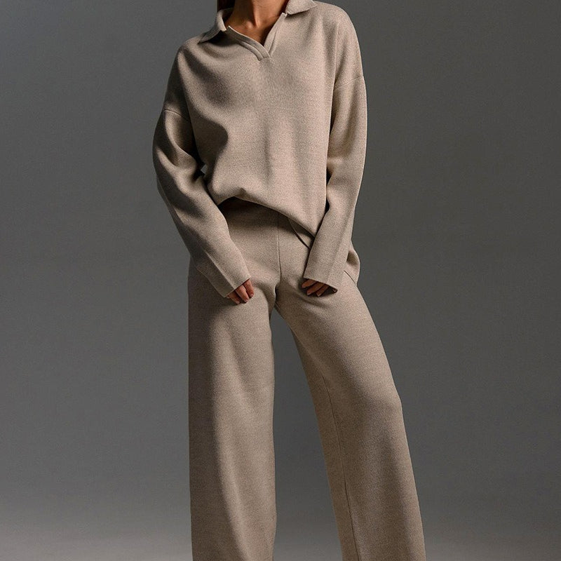 Women's Knit Polo-Collar Set | Cozy Wide-Leg Lounge Set