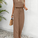 Wide-Leg Lace-Sleeve Jumpsuit - Khaki