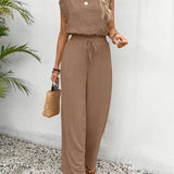 Wide-Leg Lace-Sleeve Jumpsuit - Khaki
