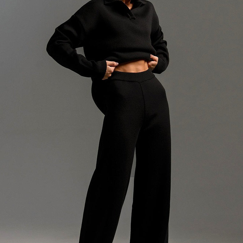 Women's Knit Polo-Collar Set | Cozy Wide-Leg Lounge Set