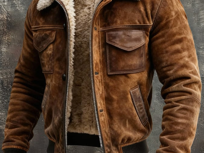 Edward - Men's Sherpa Lined Jacket with Full Zip - Brown