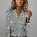 Eleanora - Women's Sequin V-Neck Long Sleeve Sweater - Silver