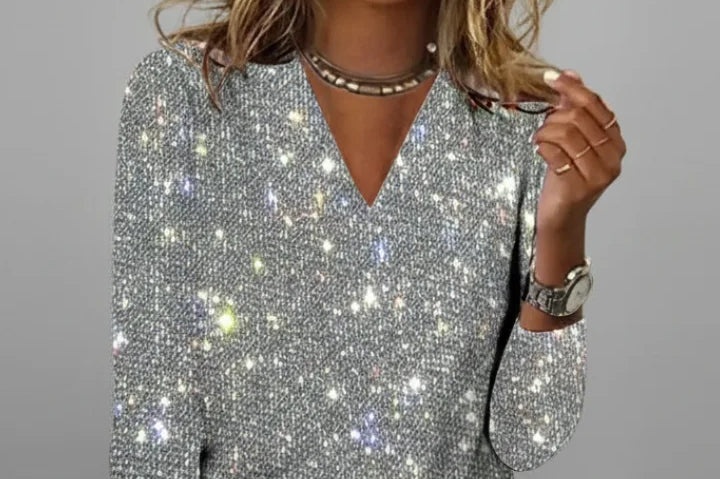 Eleanora - Women's Sequin V-Neck Long Sleeve Sweater - Silver