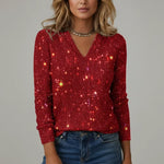 Eleanora - Women's Sequin V-Neck Long Sleeve Sweater - Red