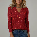Eleanora - Women's Sequin V-Neck Long Sleeve Sweater - Red