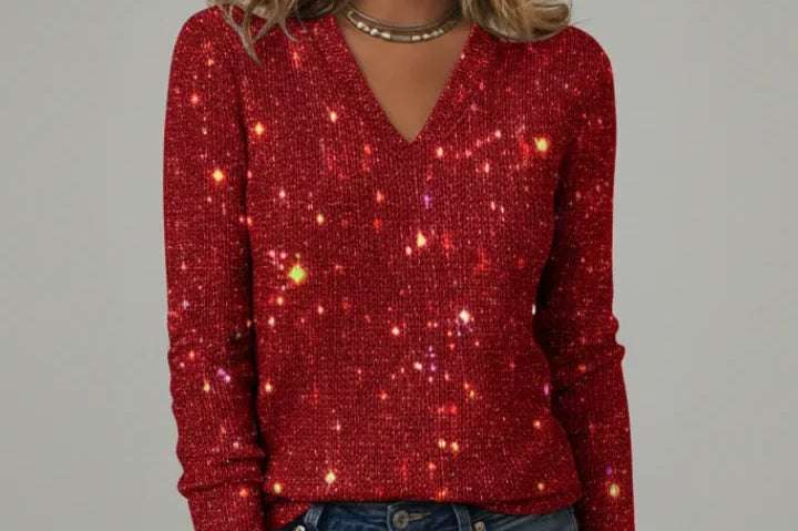 Eleanora - Women's Sequin V-Neck Long Sleeve Sweater - Red