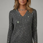 Eleanora - Women's Sequin V-Neck Long Sleeve Sweater - Black