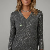 Eleanora - Women's Sequin V-Neck Long Sleeve Sweater - Black