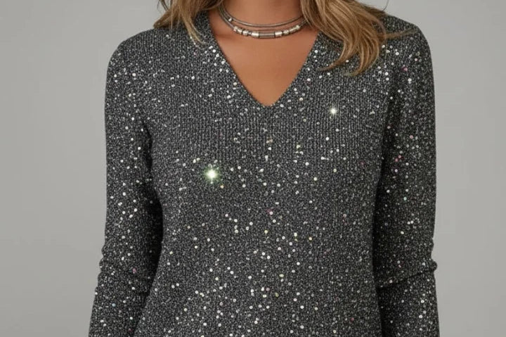 Eleanora - Women's Sequin V-Neck Long Sleeve Sweater - Black