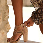 Brown block heel pumps