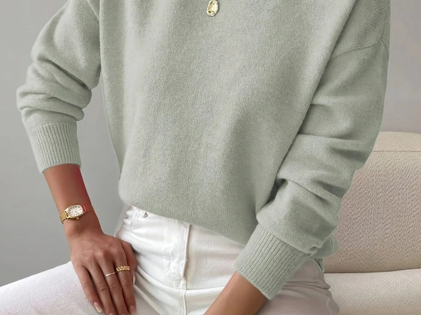 Elina - Women's Ribbed Roll Neck Sweater - Light Green