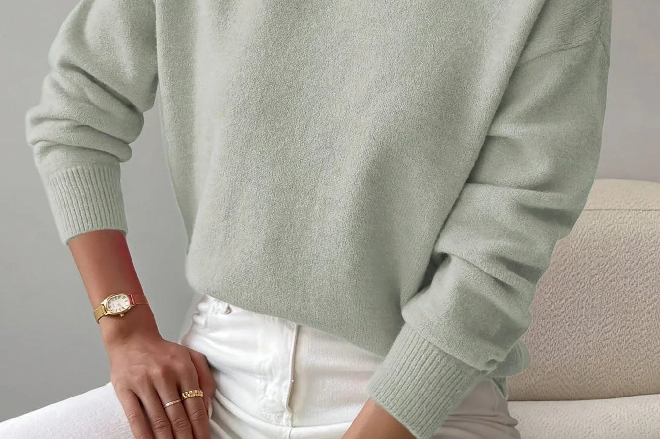 Elina - Women's Ribbed Roll Neck Sweater - Light Green