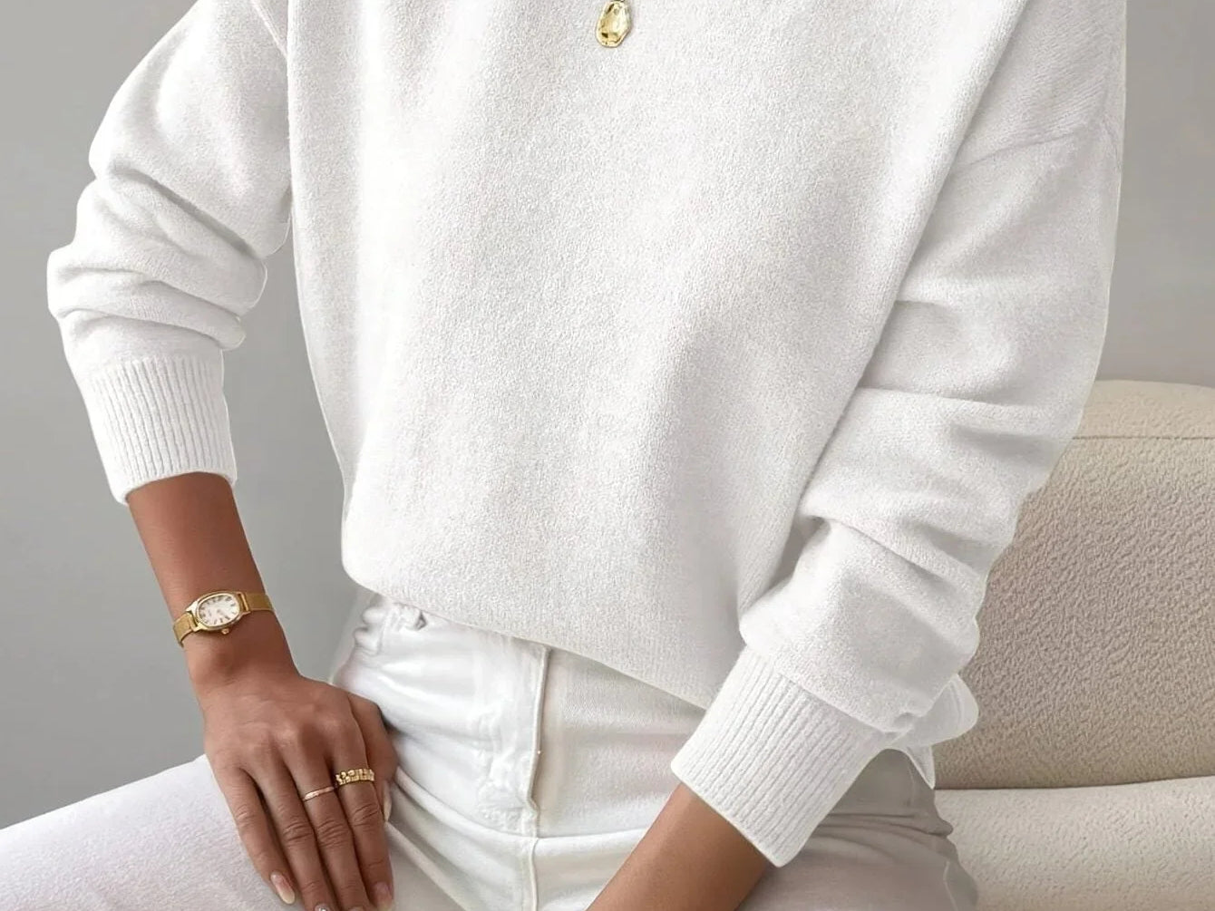 Elina - Women's Ribbed Roll Neck Sweater - White