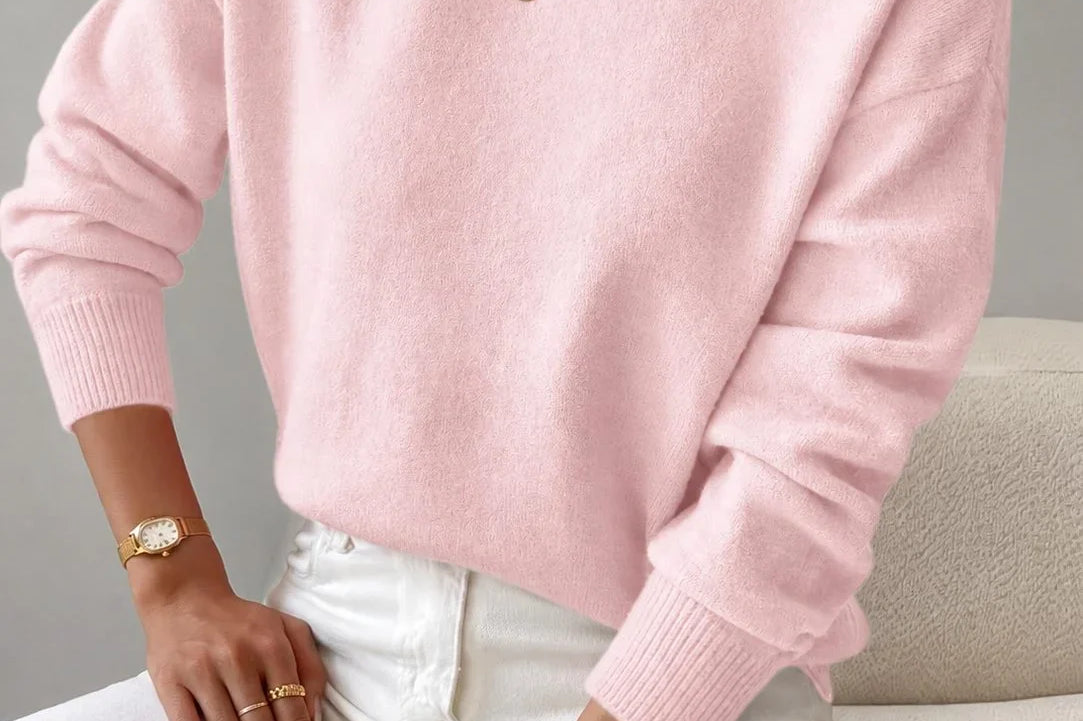 Elina - Women's Ribbed Roll Neck Sweater - Light Pink
