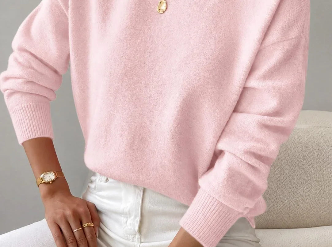 Elina - Women's Ribbed Roll Neck Sweater - Light Pink