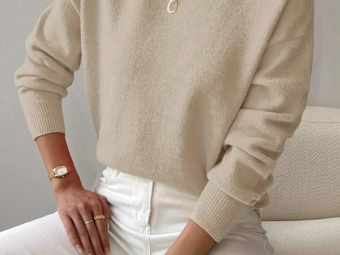 Elina - Women's Ribbed Roll Neck Sweater - Beige