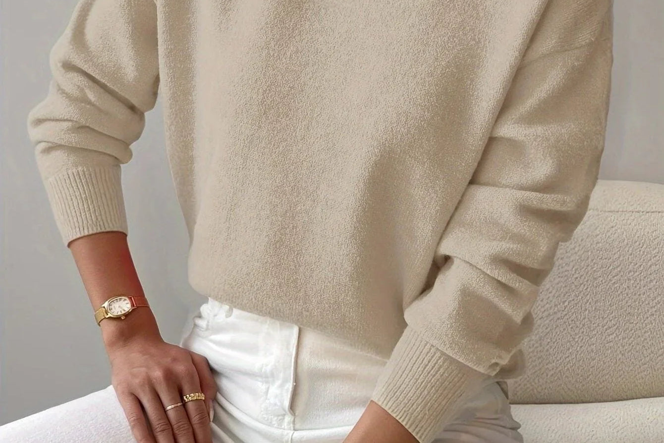 Elina - Women's Ribbed Roll Neck Sweater - Beige