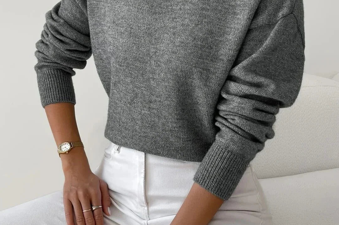 Elina - Women's Ribbed Roll Neck Sweater - Dark Gray