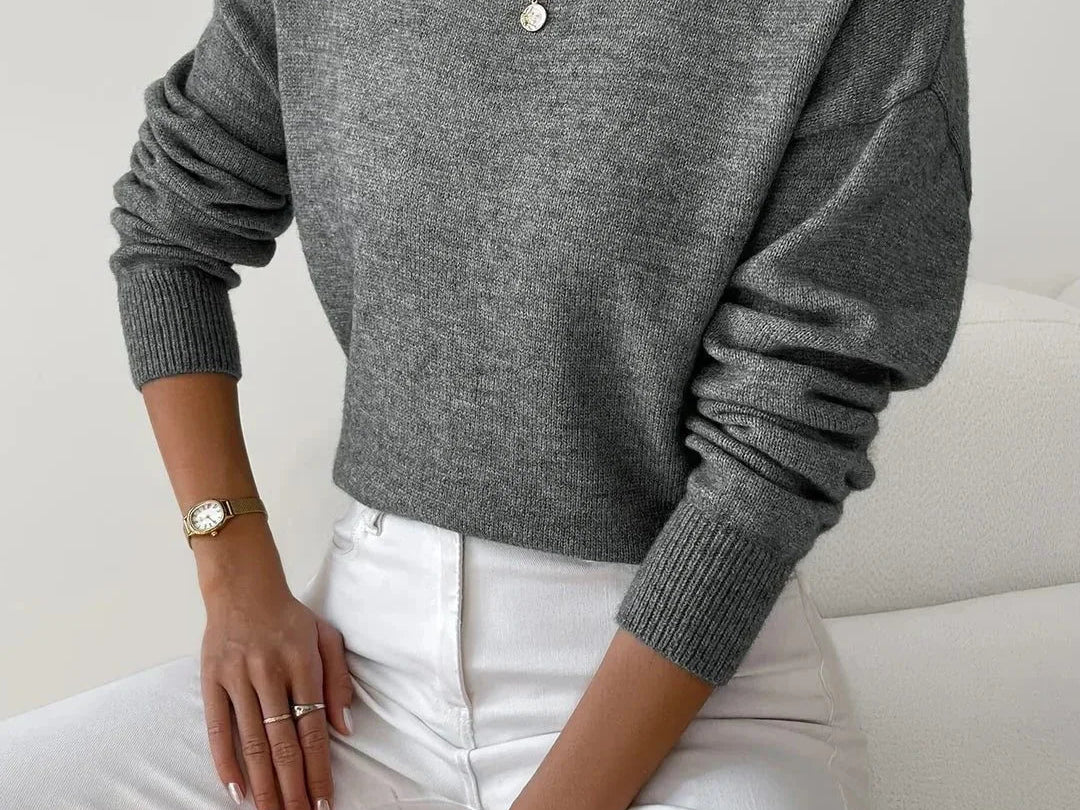 Elina - Women's Ribbed Roll Neck Sweater - Dark Gray