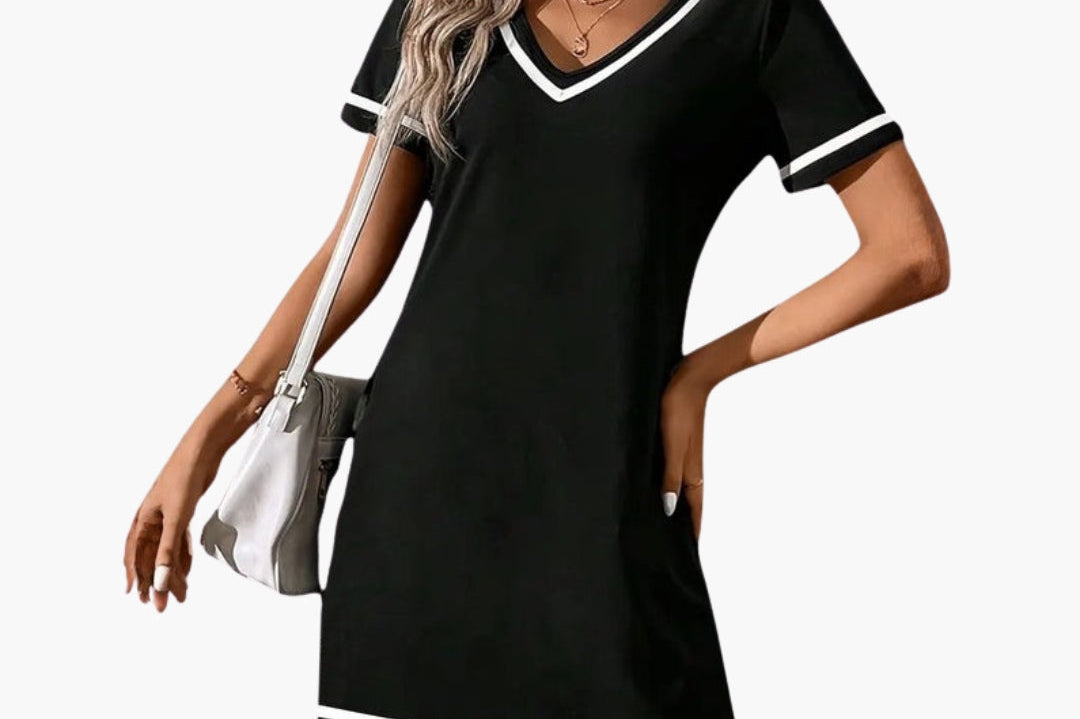 Elizabeth - Women's Flowing V-Neck Mini Dress - Black