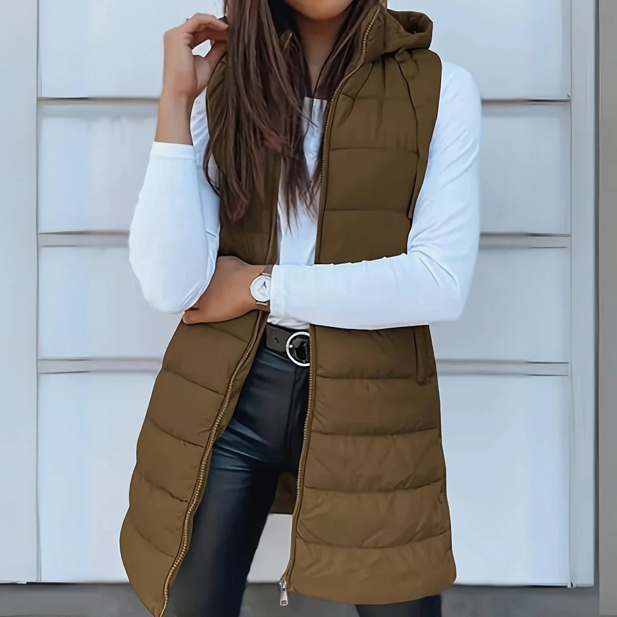 Elsabet - Women's Longline Hooded Puffer Vest - Khaki