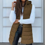 Elsabet - Women's Longline Hooded Puffer Vest - Khaki