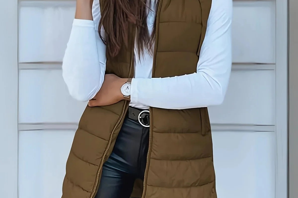 Elsabet - Women's Longline Hooded Puffer Vest - Khaki