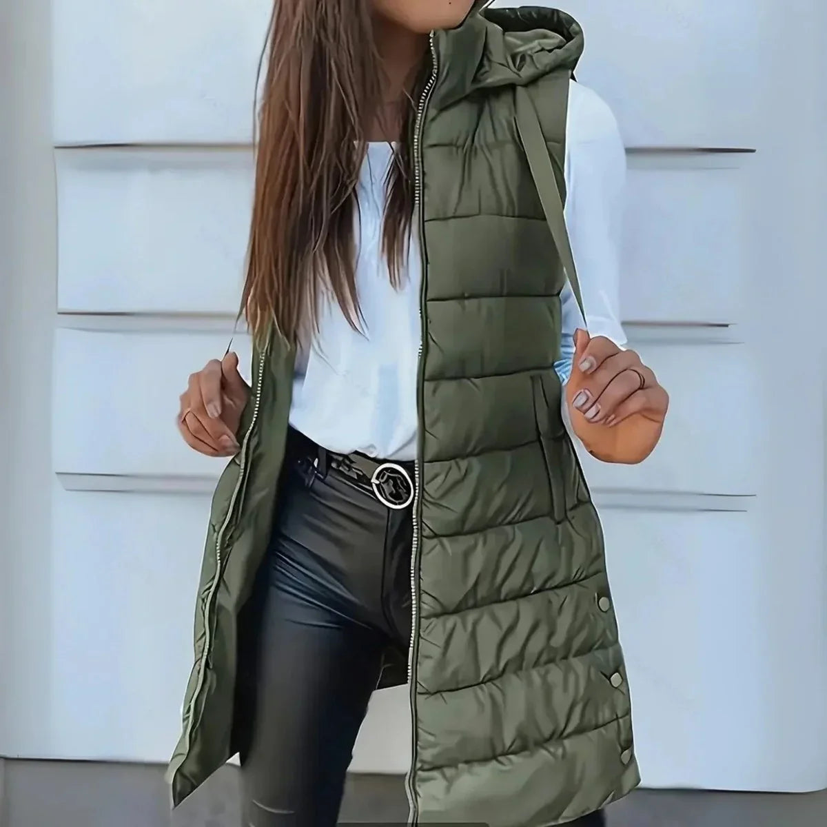 Elsabet - Women's Longline Hooded Puffer Vest - Olive Green