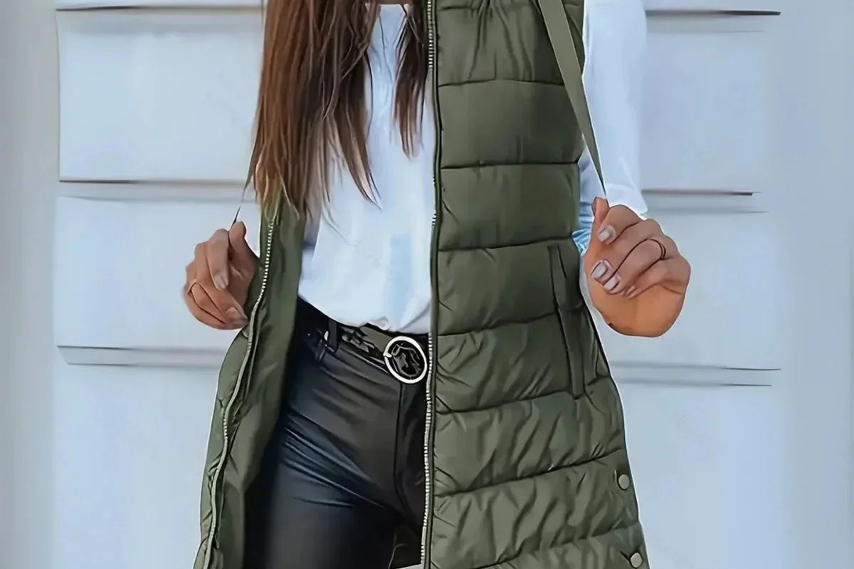 Elsabet - Women's Longline Hooded Puffer Vest - Olive Green